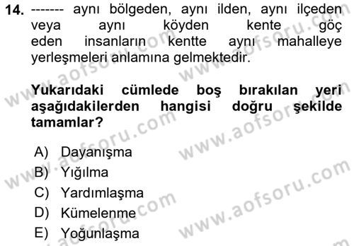 Kent Sosyolojisi Dersi 2024 - 2025 Yılı (Final) Dönem Sonu Sınav Soruları 14. Soru