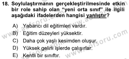 Kent Sosyolojisi Dersi 2024 - 2025 Yılı (Final) Dönem Sonu Sınav Soruları 18. Soru