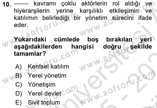 Kent Sosyolojisi Dersi 2025 - 2026 Yılı (Vize) Ara Sınav Soruları 10. Soru