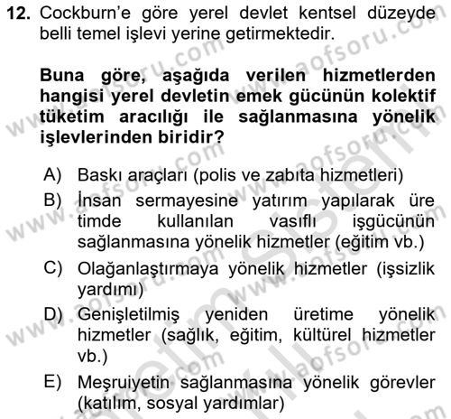 Kent Sosyolojisi Dersi 2025 - 2026 Yılı (Vize) Ara Sınav Soruları 12. Soru