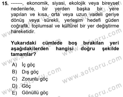 Kent Sosyolojisi Dersi 2025 - 2026 Yılı (Vize) Ara Sınav Soruları 15. Soru