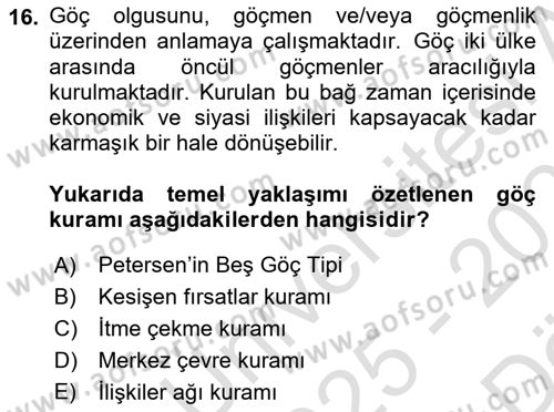 Kent Sosyolojisi Dersi 2025 - 2026 Yılı (Vize) Ara Sınav Soruları 16. Soru