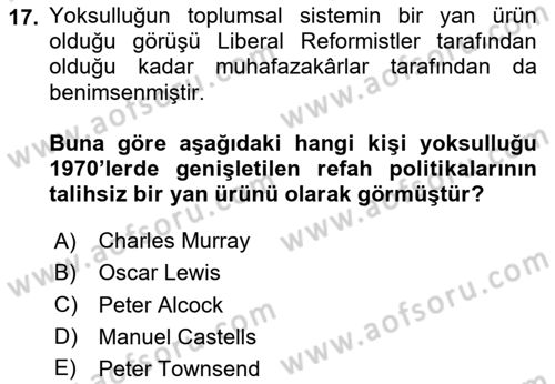 Kent Sosyolojisi Dersi 2025 - 2026 Yılı (Vize) Ara Sınav Soruları 17. Soru