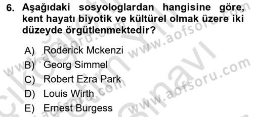 Kent Sosyolojisi Dersi 2025 - 2026 Yılı (Vize) Ara Sınav Soruları 6. Soru
