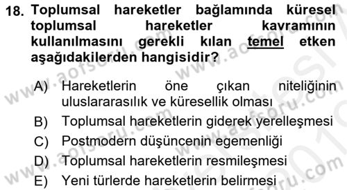 Yeni Toplumsal Hareketler Dersi Ara Sınavı Deneme Sınav Soruları 18. Soru