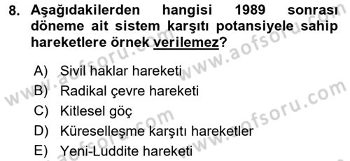 Yeni Toplumsal Hareketler Dersi Ara Sınavı Deneme Sınav Soruları 8. Soru