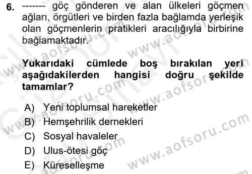 Yeni Toplumsal Hareketler Dersi 2018 - 2019 Yılı (Final) Dönem Sonu Sınav Soruları 6. Soru