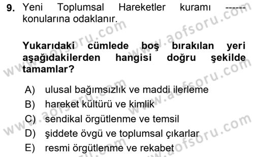 Yeni Toplumsal Hareketler Dersi 2018 - 2019 Yılı (Final) Dönem Sonu Sınav Soruları 9. Soru