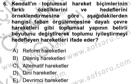 Yeni Toplumsal Hareketler Dersi 2018 - 2019 Yılı Yaz Okulu Sınav Soruları 6. Soru