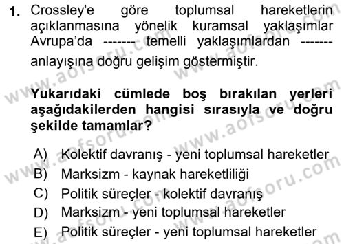 Yeni Toplumsal Hareketler Dersi Ara Sınavı Deneme Sınav Soruları 1. Soru