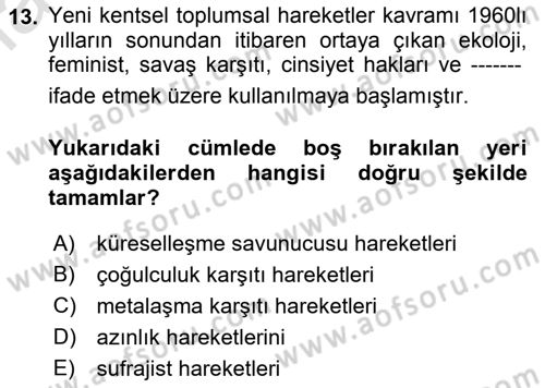Yeni Toplumsal Hareketler Dersi Ara Sınavı Deneme Sınav Soruları 13. Soru