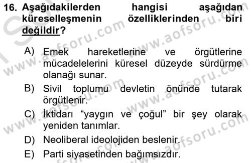 Yeni Toplumsal Hareketler Dersi 2019 - 2020 Yılı (Final) Dönem Sonu Sınav Soruları 16. Soru