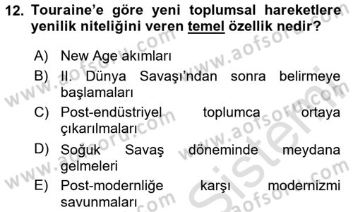 Yeni Toplumsal Hareketler Dersi 2020 - 2021 Yılı Yaz Okulu Sınav Soruları 12. Soru