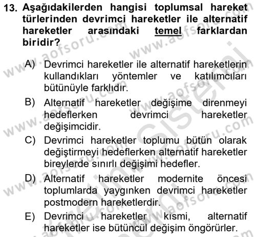 Yeni Toplumsal Hareketler Dersi Ara Sınavı Deneme Sınav Soruları 13. Soru