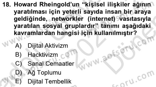 Yeni Toplumsal Hareketler Dersi 2021 - 2022 Yılı (Final) Dönem Sonu Sınav Soruları 18. Soru
