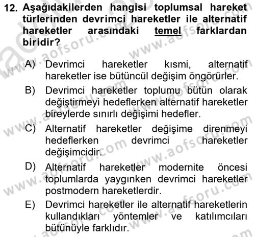 Yeni Toplumsal Hareketler Dersi 2023 - 2024 Yılı (Vize) Ara Sınav Soruları 12. Soru