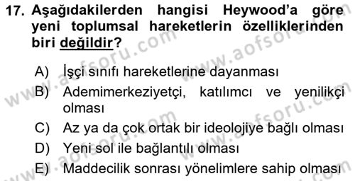 Yeni Toplumsal Hareketler Dersi 2023 - 2024 Yılı (Vize) Ara Sınav Soruları 17. Soru