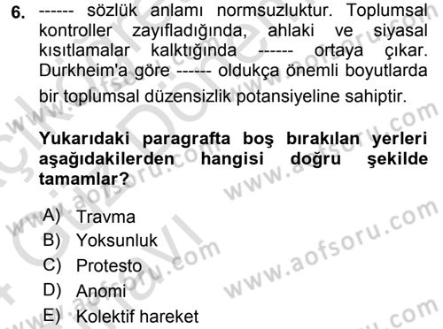 Yeni Toplumsal Hareketler Dersi 2023 - 2024 Yılı (Vize) Ara Sınav Soruları 6. Soru