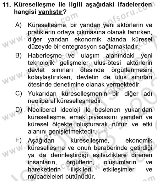 Yeni Toplumsal Hareketler Dersi 2023 - 2024 Yılı Yaz Okulu Sınav Soruları 11. Soru
