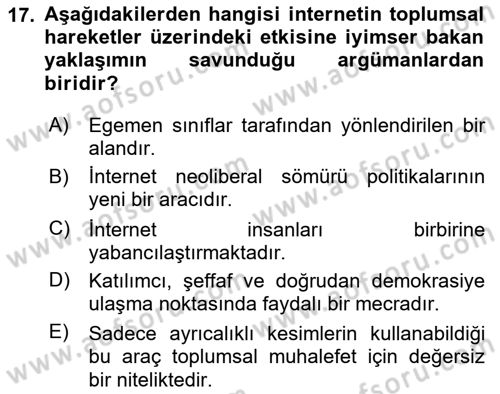 Yeni Toplumsal Hareketler Dersi 2023 - 2024 Yılı Yaz Okulu Sınav Soruları 17. Soru