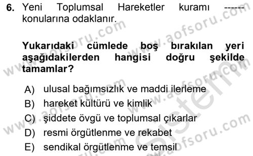Yeni Toplumsal Hareketler Dersi 2024 - 2025 Yılı (Vize) Ara Sınav Soruları 6. Soru
