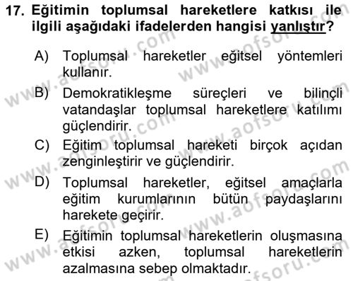 Yeni Toplumsal Hareketler Dersi 2024 - 2025 Yılı (Final) Dönem Sonu Sınav Soruları 17. Soru