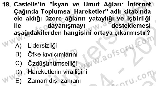Yeni Toplumsal Hareketler Dersi 2024 - 2025 Yılı (Final) Dönem Sonu Sınav Soruları 18. Soru