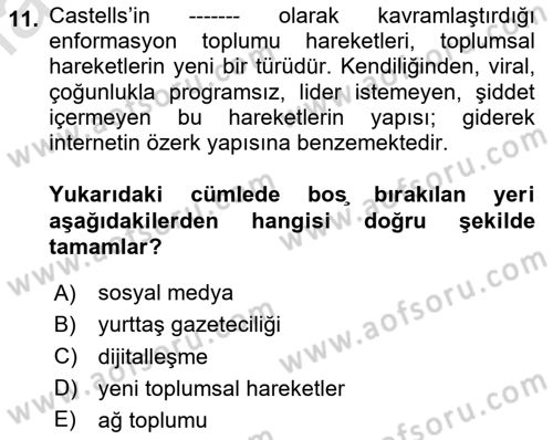 Yeni Toplumsal Hareketler Dersi 2024 - 2025 Yılı Yaz Okulu Sınav Soruları 11. Soru
