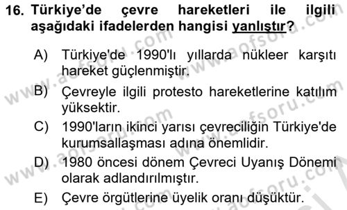 Yeni Toplumsal Hareketler Dersi 2024 - 2025 Yılı Yaz Okulu Sınav Soruları 16. Soru