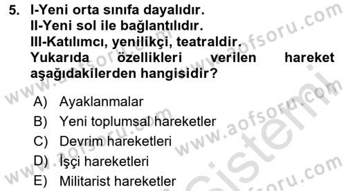 Yeni Toplumsal Hareketler Dersi 2024 - 2025 Yılı Yaz Okulu Sınav Soruları 5. Soru