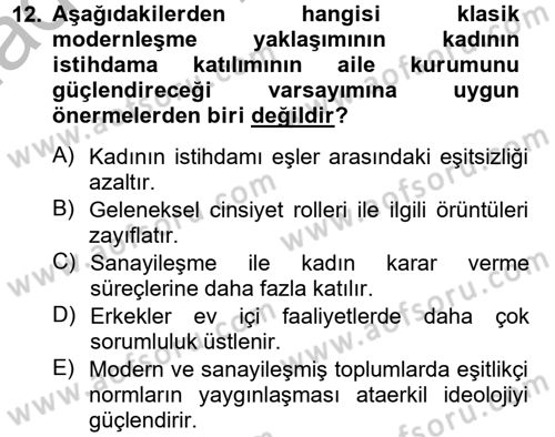 Toplumsal Cinsiyet Çalışmaları Dersi 2012 - 2013 Yılı (Vize) Ara Sınav Soruları 12. Soru