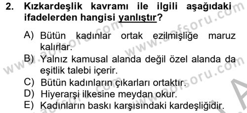 Toplumsal Cinsiyet Çalışmaları Dersi 2012 - 2013 Yılı (Vize) Ara Sınav Soruları 2. Soru
