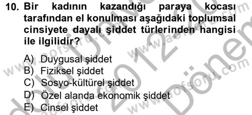 Toplumsal Cinsiyet Çalışmaları Dersi 2012 - 2013 Yılı (Final) Dönem Sonu Sınav Soruları 10. Soru