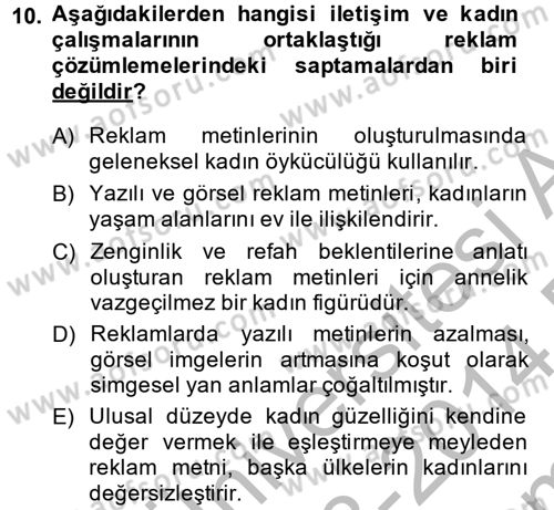 Toplumsal Cinsiyet Çalışmaları Dersi 2013 - 2014 Yılı (Final) Dönem Sonu Sınav Soruları 10. Soru