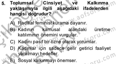 Toplumsal Cinsiyet Çalışmaları Dersi 2014 - 2015 Yılı (Final) Dönem Sonu Sınav Soruları 5. Soru