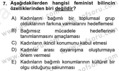 Toplumsal Cinsiyet Çalışmaları Dersi 2015 - 2016 Yılı (Vize) Ara Sınav Soruları 7. Soru