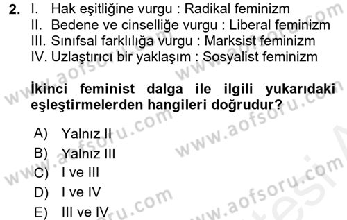 Toplumsal Cinsiyet Çalışmaları Dersi 2015 - 2016 Yılı Tek Ders Sınav Soruları 2. Soru