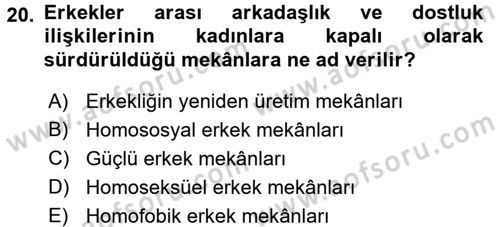 Toplumsal Cinsiyet Çalışmaları Dersi 2015 - 2016 Yılı Tek Ders Sınav Soruları 20. Soru