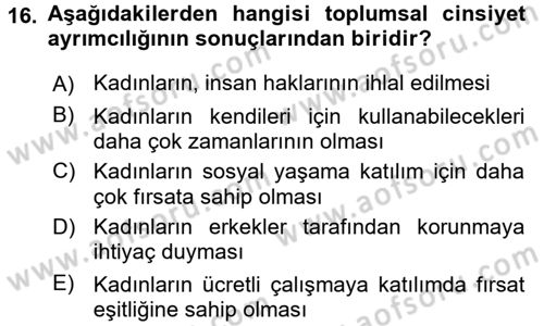 Toplumsal Cinsiyet Çalışmaları Dersi 2016 - 2017 Yılı 3 Ders Sınav Soruları 16. Soru