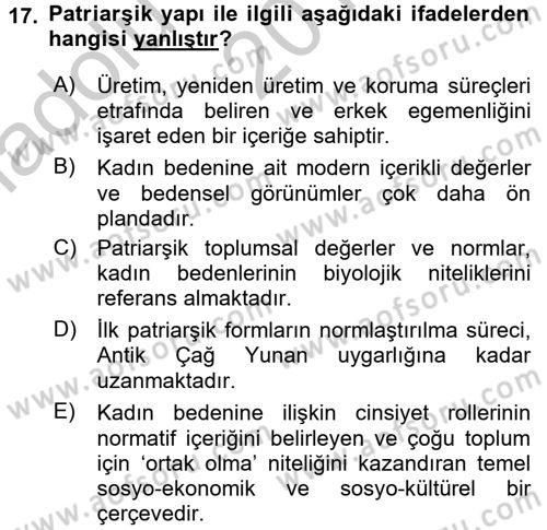 Toplumsal Cinsiyet Çalışmaları Dersi 2016 - 2017 Yılı (Vize) Ara Sınav Soruları 17. Soru