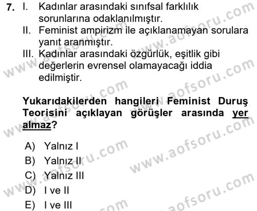 Toplumsal Cinsiyet Çalışmaları Dersi 2016 - 2017 Yılı (Vize) Ara Sınav Soruları 7. Soru