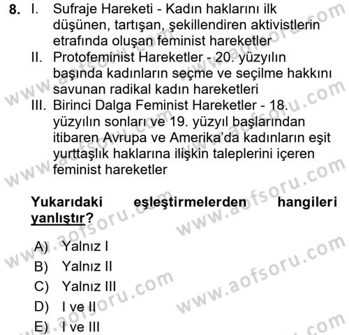 Toplumsal Cinsiyet Çalışmaları Dersi 2016 - 2017 Yılı (Vize) Ara Sınav Soruları 8. Soru