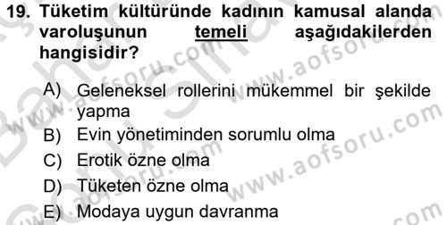 Toplumsal Cinsiyet Çalışmaları Dersi 2016 - 2017 Yılı (Final) Dönem Sonu Sınav Soruları 19. Soru