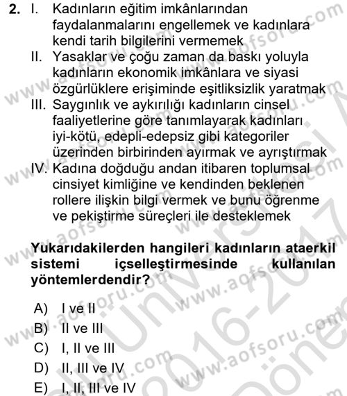 Toplumsal Cinsiyet Çalışmaları Dersi 2016 - 2017 Yılı (Final) Dönem Sonu Sınav Soruları 2. Soru
