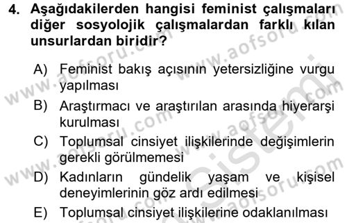 Toplumsal Cinsiyet Çalışmaları Dersi 2016 - 2017 Yılı (Final) Dönem Sonu Sınav Soruları 4. Soru