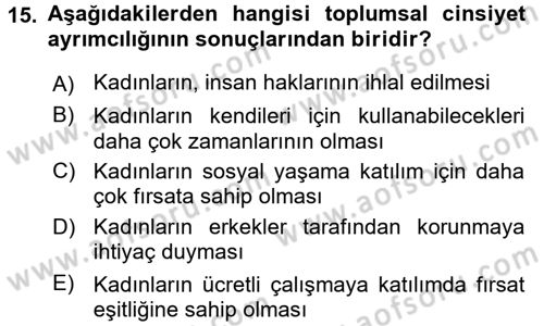 Toplumsal Cinsiyet Çalışmaları Dersi 2017 - 2018 Yılı 3 Ders Sınav Soruları 15. Soru