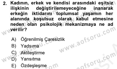 Toplumsal Cinsiyet Çalışmaları Dersi 2017 - 2018 Yılı (Vize) Ara Sınav Soruları 2. Soru