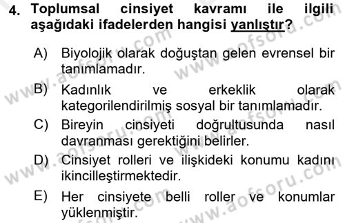 Toplumsal Cinsiyet Çalışmaları Dersi 2017 - 2018 Yılı (Vize) Ara Sınav Soruları 4. Soru