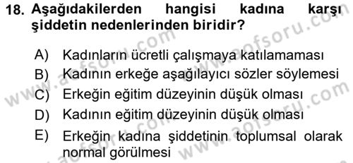 Toplumsal Cinsiyet Çalışmaları Dersi 2017 - 2018 Yılı (Final) Dönem Sonu Sınav Soruları 18. Soru