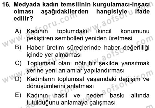 Toplumsal Cinsiyet Çalışmaları Dersi 2018 - 2019 Yılı 3 Ders Sınav Soruları 16. Soru